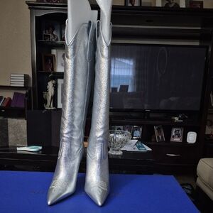Stuart Weitzman Metallic Silver Heeled Boots